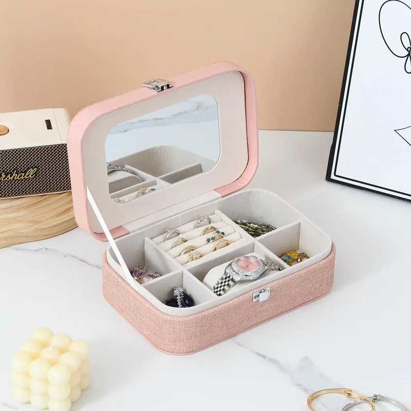 Leather Portable Jewelry Box Earrings Necklaces Rings Storage Box Small And Exquisite Home Decoration Box Double-layer