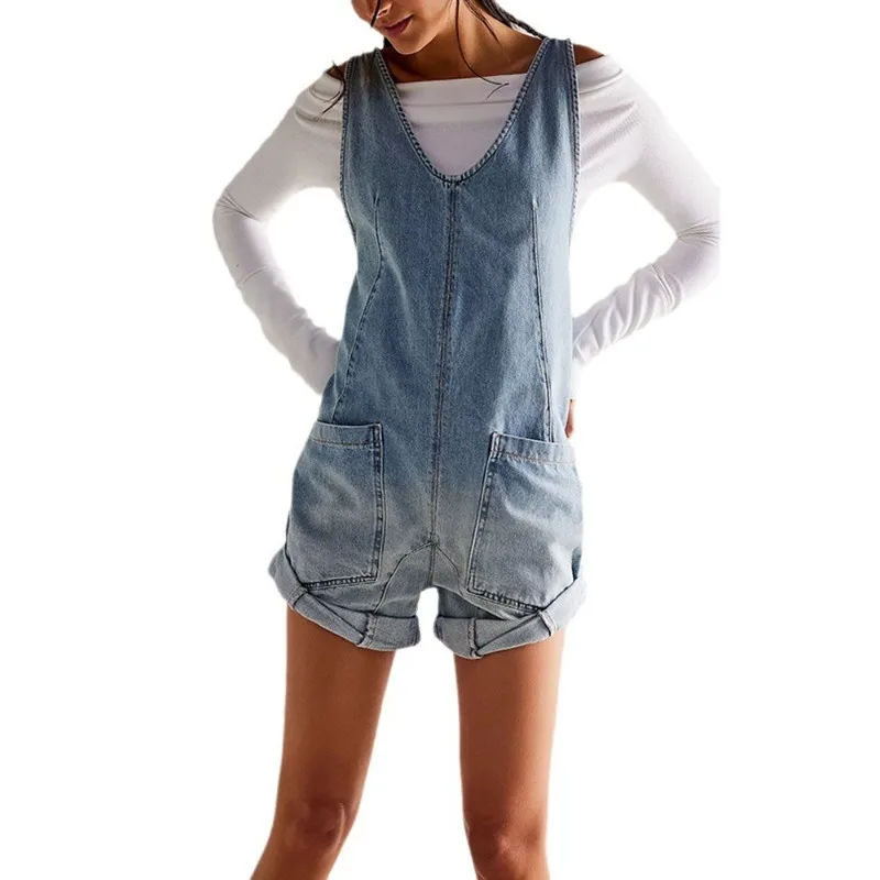 2024 Summer New Fashion Women's Pocket Design Adjustable Straps Sleeveless Denim Short Jumpsuit Casual Clothing Women Romper