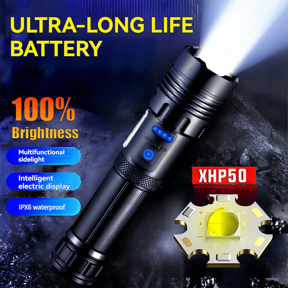 Linterna LED Súper Brillante de Largo Alcance, Luz Táctica Recargable por USB, Linterna con Zoom Telescópico, Linterna de Camping COB2025