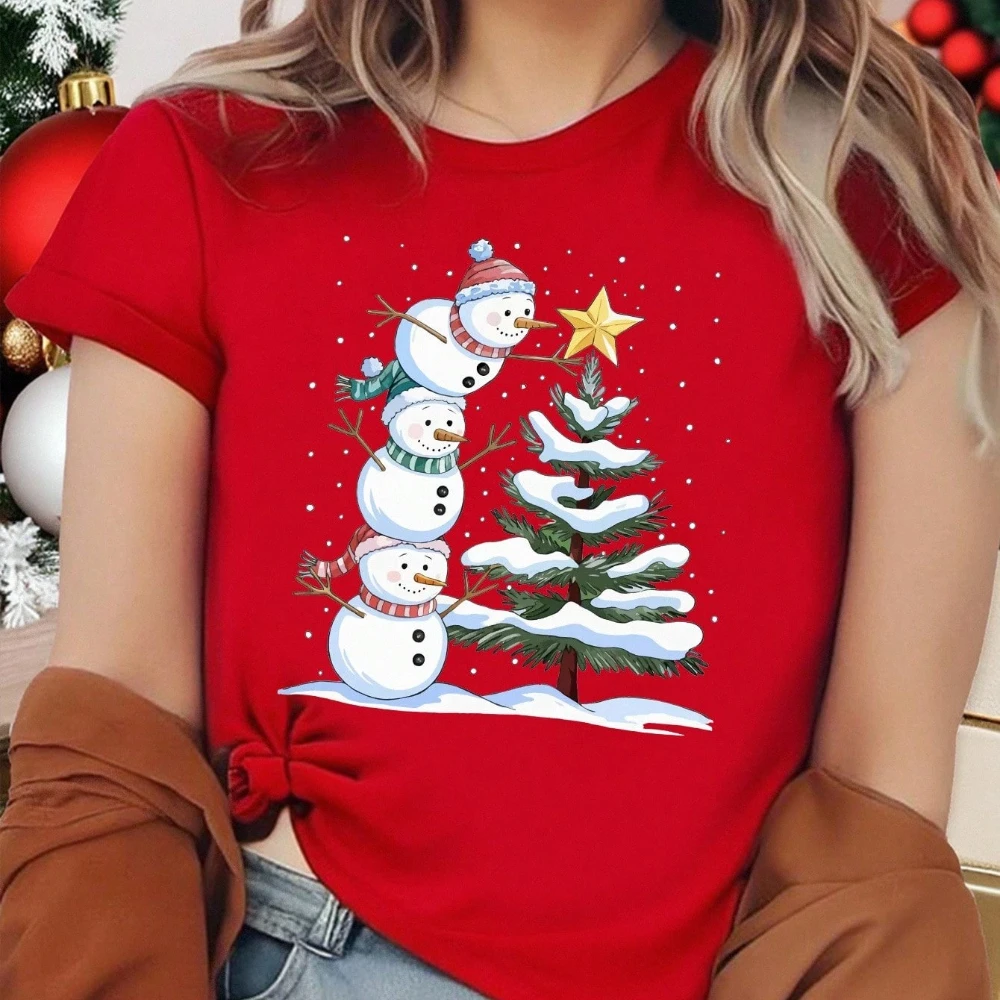 Weihnachten Frauen Casual Stilvolle Cartoon Nette Schneemann T-shirt Weihnachten Baum Kreative Grafik T-Shirt Oansatz Heißer Verkauf Baumwolle Tops
