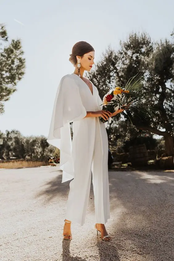 Bohemain Country Wedding Jumpsuit with Cape Sleeve Ankle length Outdoor Garden Beach Fantasy Bridal Dress Pant Suit