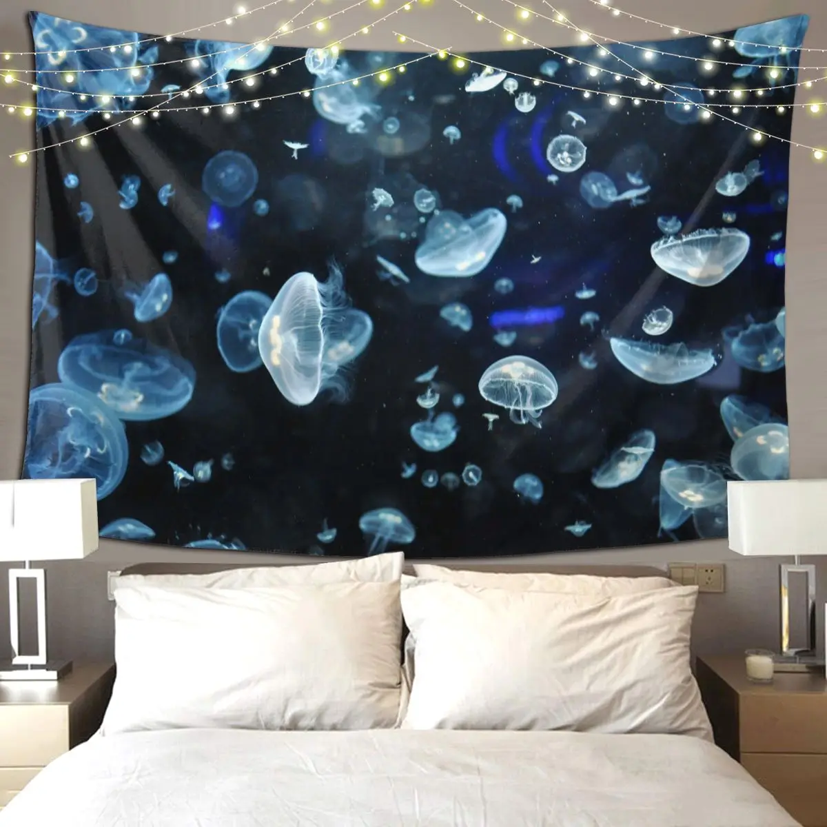 Luminescent Rainbow Jellyfish Blue Tapestry Art Wall Hanging Aesthetic Home Decor Tapestries for Living Room Bedroom Dorm Room