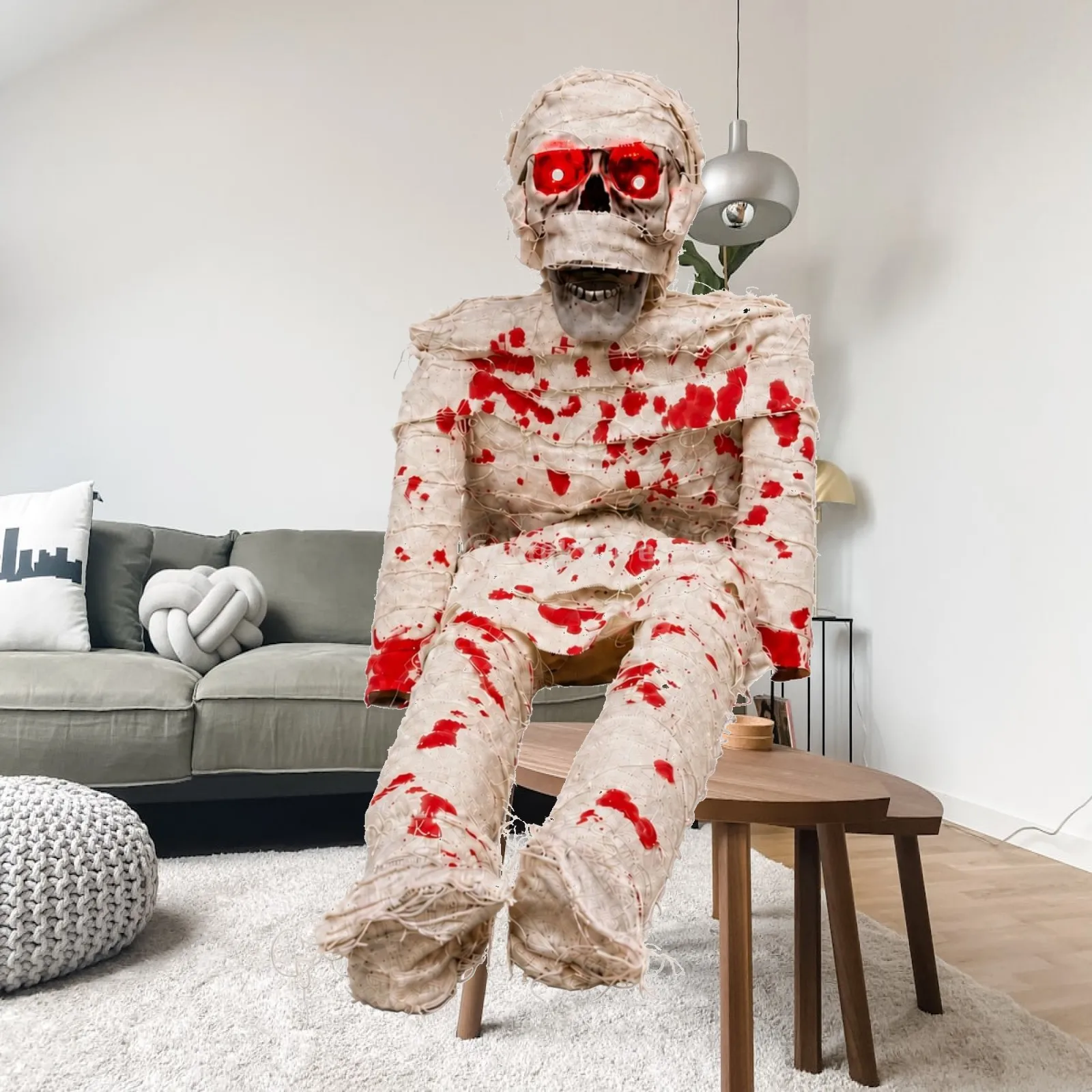 Sound-Activated Mummy Decoration with Glowing Red Eyes Installation Operated Halloween Mummy Prop Scary for Spine-Chilling