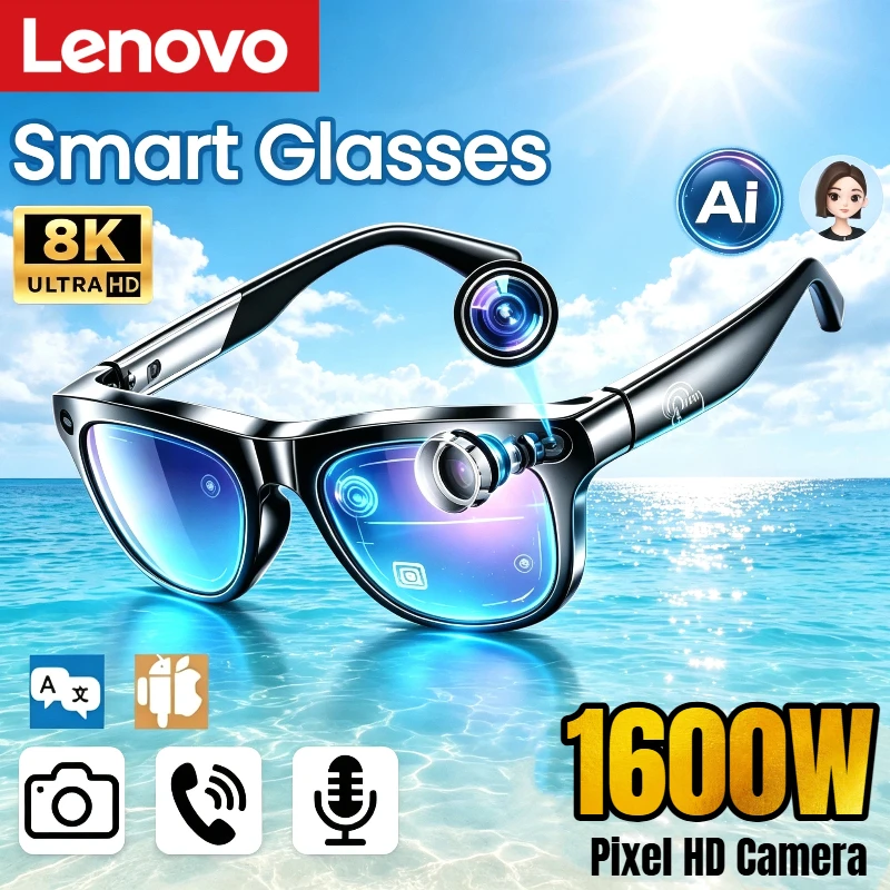 Lenovo AI Smart Camera Glasses 1600W Touch Control Voice Assistant Translation Wireless Bluetooth Calling Adults Smart Glasses