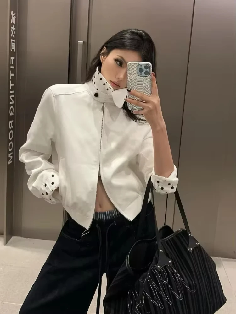 Whisper Lumi Polka Dot Stand Collar Zip Up Cropped Jacket Vintage Long Sleeve Outerwear 2026 Ladies Daily Street Fashion Coat