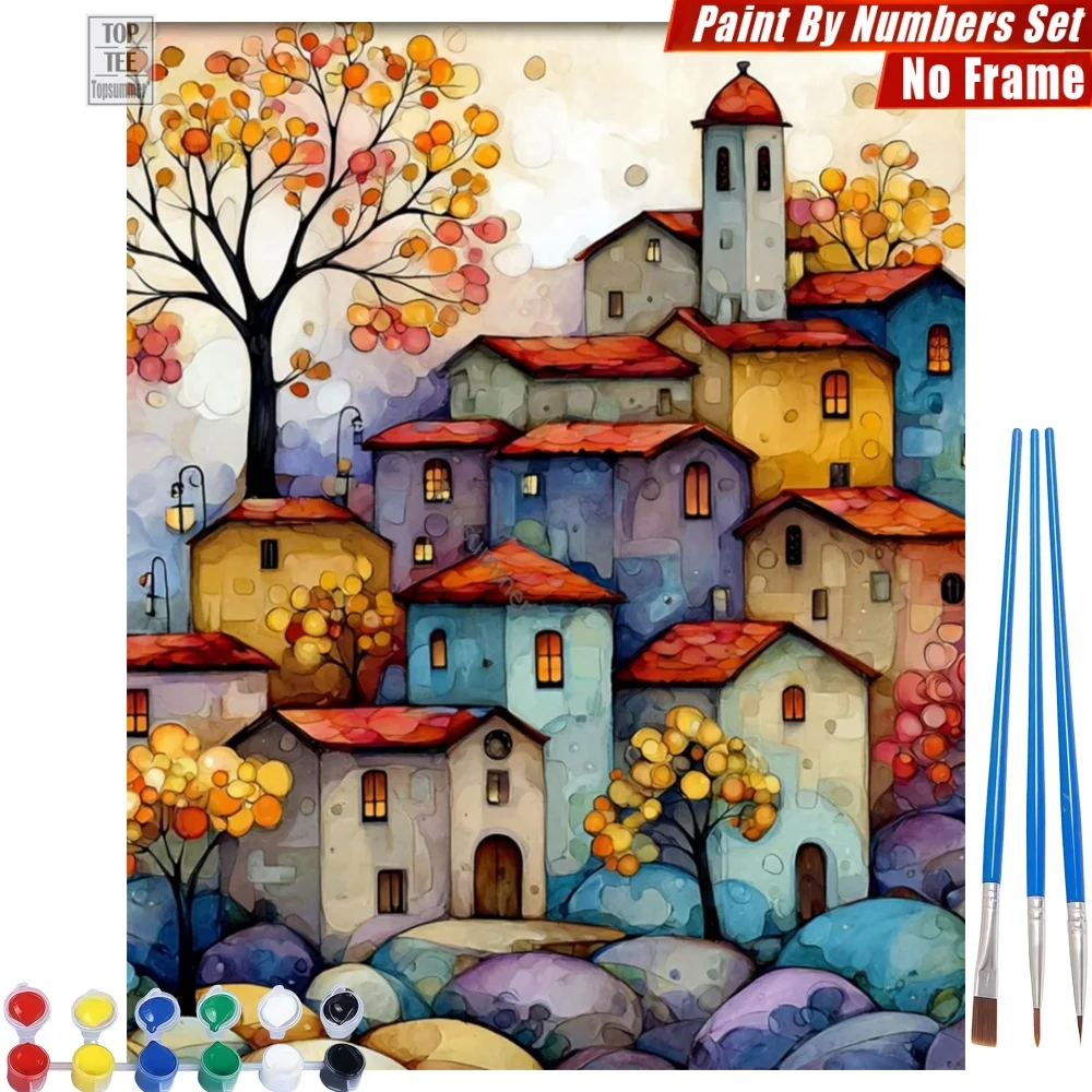 

Набор для рисования по номерам «Сказочные домики» - Декор для дома и спальни с изображением аккуратно расположенных деревьев, пасхальный подарок для бабушки