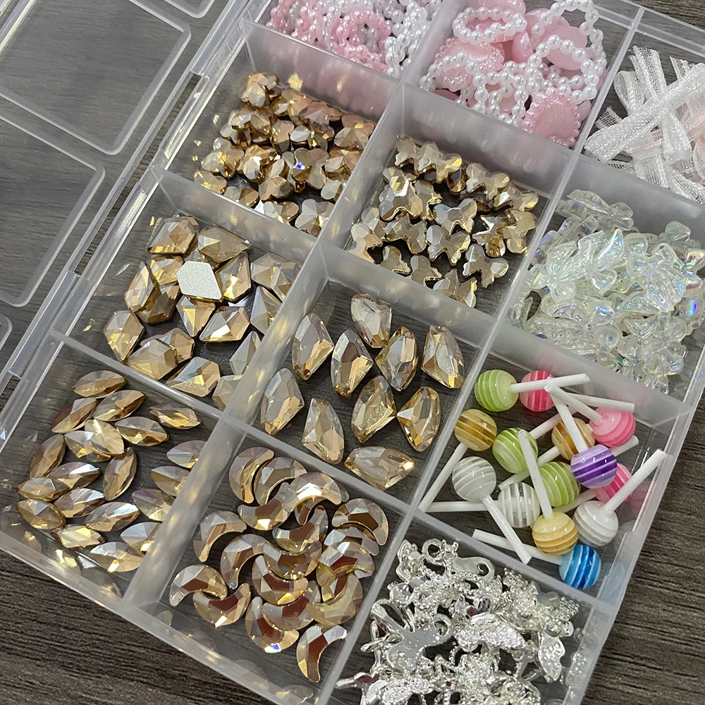 12 rasters 3D gemengde AB Aurora diamant acryl nagelbedels met organza strik lolly nail art steentjes DIY manicure benodigdheden