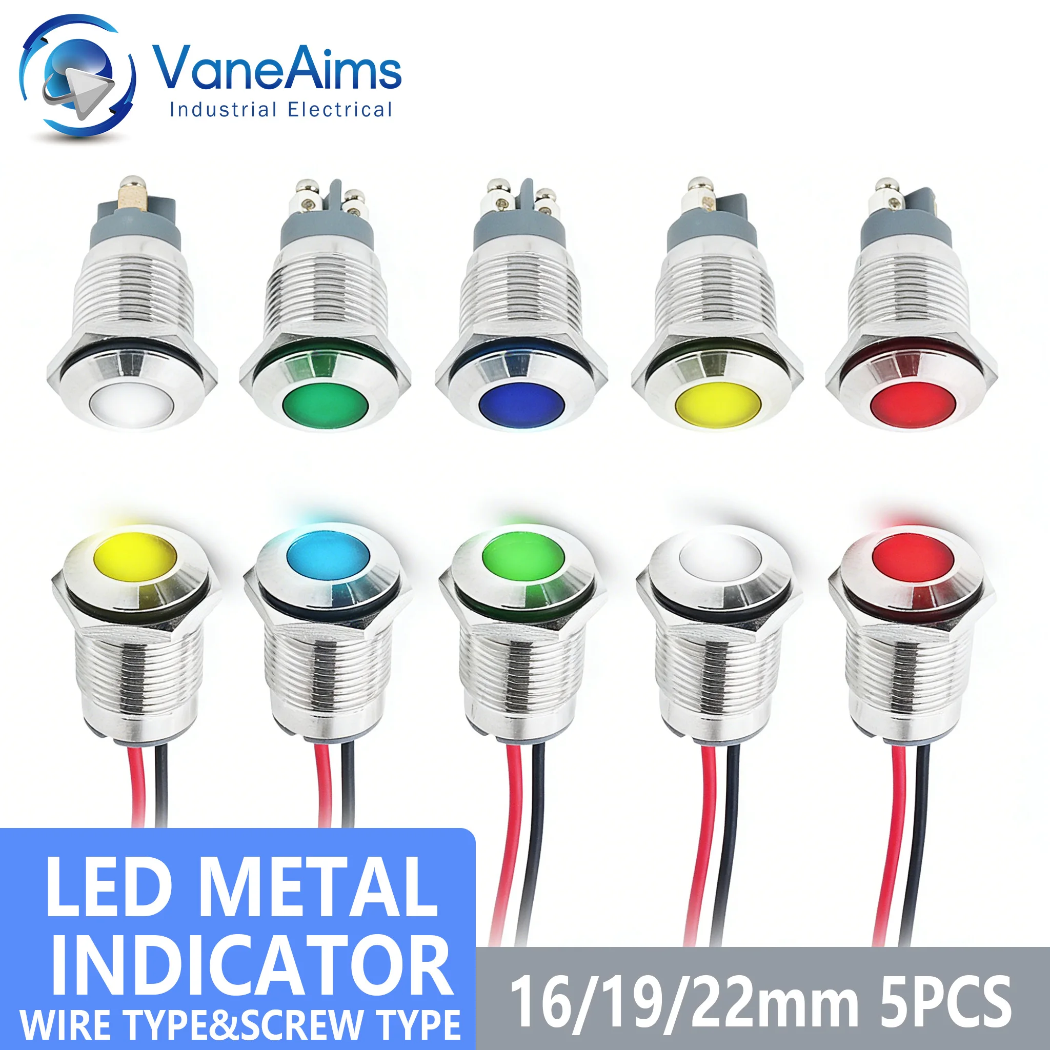 

5 шт. металлических светодиодных индикаторных ламп 16/19/22 мм, IP67, водонепроницаемые, DC/AC 3-48В, сигнальные лампы (красный, желтый, зеленый, синий, белый) для панелей транспортных средств