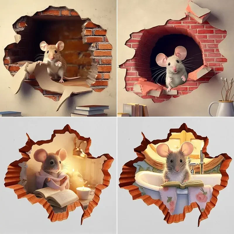 Cute Mouse Hole Wall Sticker Mouse Reading Book in Wall Hole Decal Mouse Hole Sticker Mouse Reading Decor Room Decoration