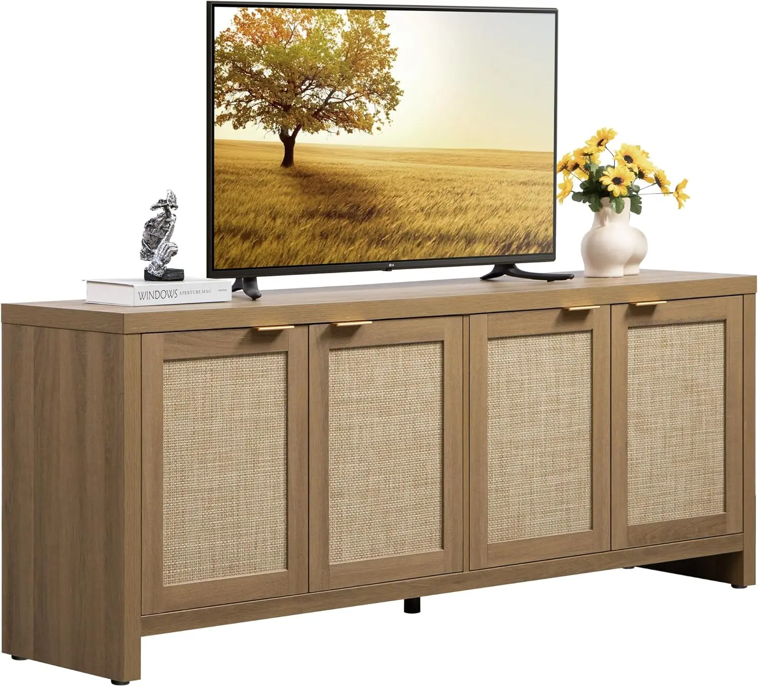 

TV Stand Boho Entertainment Center with 4 Rattan Cabinets Farmhouse Television Stands with Storage Large Media Console Table