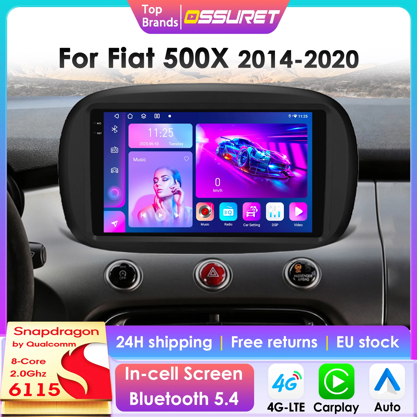 Autoradio Android 14 con Telecamera 360° 2Din per FIAT 500X 2014-2020, Lettore Multimediale per Auto con Schermo Intelligente, Autoradio 4G Carplay 6115