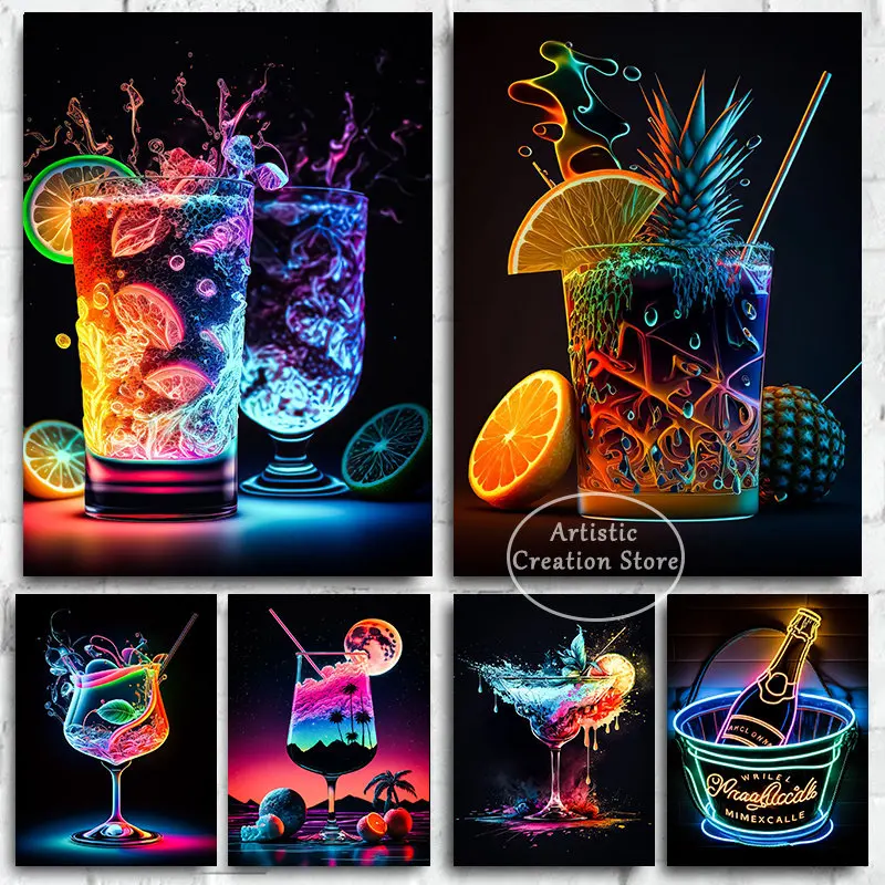 

Abstract Colorful Neon Cocktail Drink Poster Print Canvas and Painting Wall Pictures for Bar Club Restaurant Kitchen Room Decor