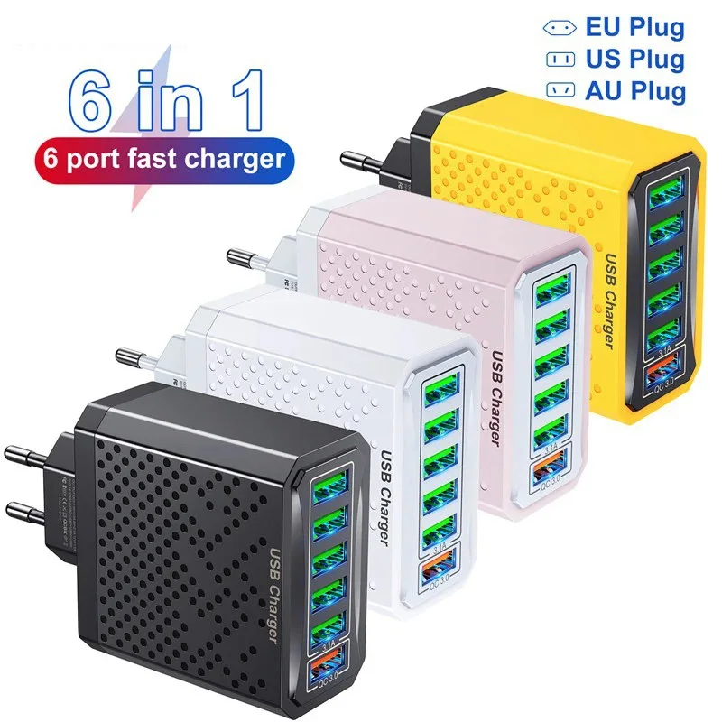 6 Ports 3.1A USB Fast Phone Charger Adapter 6 In1 EU/AU/US/KR Plug Travel Charger For Xiaomi QC3.0 Mobile Phone Quick Charger