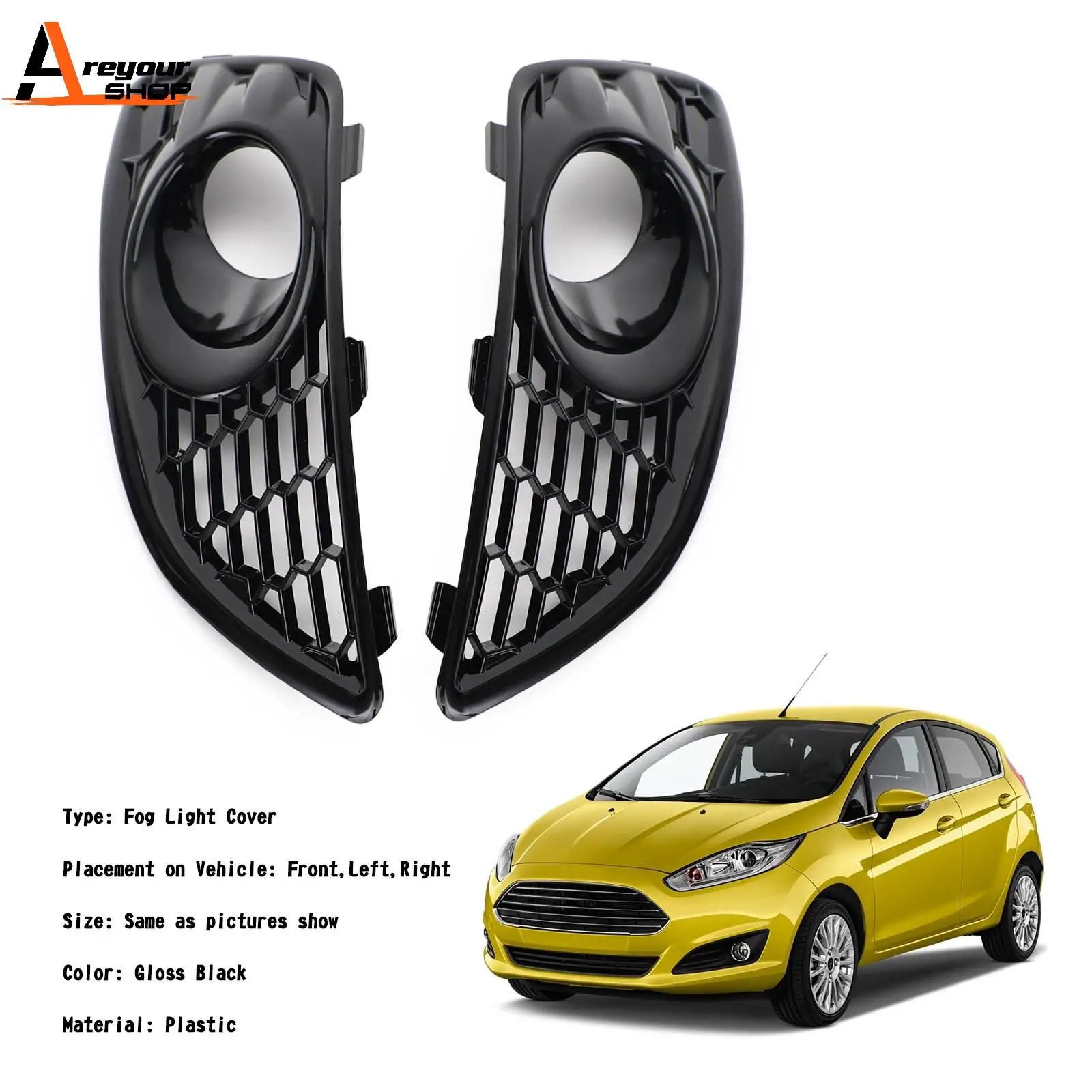 Areyourshop 1 Pair Grille Gloss Black Front Fog Light Lamp Cover Fit For Ford Fiesta 2013-2017 C1BB15A298AA C1BB15A299AA Car