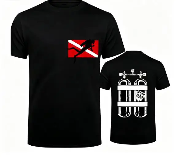 Men Scuba Diving T‑Shirt Front‑Back Print Diver Flag Twin Tanks Graphic Short Sleeve Crew Neck Tops