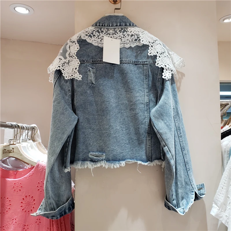 Heavy Work Beaded Diamond Lace Lapel Splicing Short Denim Jacket Spring Autumn Women Casual Frayed Burrs Hem Hole Jeans Jacket