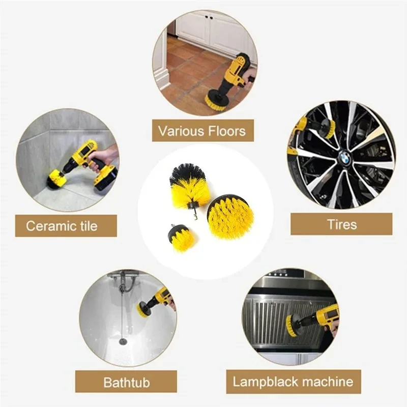 3Pcs/Set Electric Scrubber Brush Drill Brush Kit Plastic Round Cleaning Brush For Carpet Glass Car Tires Nylon Brushes 2/3.5/4\'\'