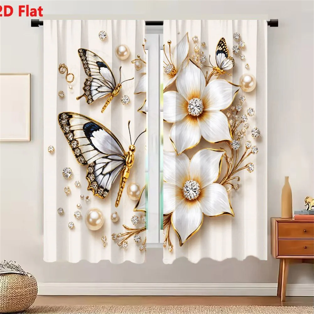 2Pcs Curtains 2D Flat White Flowers With Golden Accents And Gemstones Ornate Butterfly Arrangement Decorative Jewelry Art Window