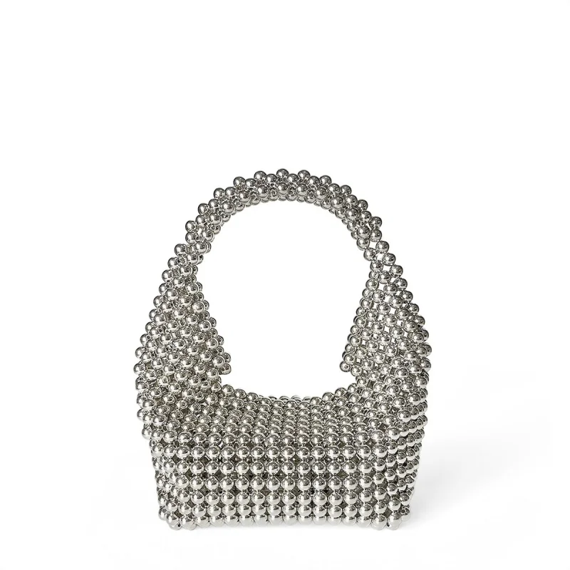 

Luxury Designer Handmade Silver Beaded Woven Handbags for Women Versatile Casual Unique Trendy Cute Ladies Handle Bag