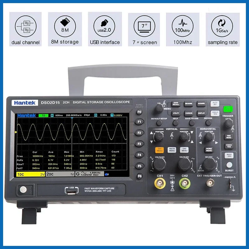 Hantek Digital Oscilloscope DSO2C10 2C15 2D10 2D15 2 Channels 100Mhz/150Mhz Signal Generator Voltmeter Frequency Meter