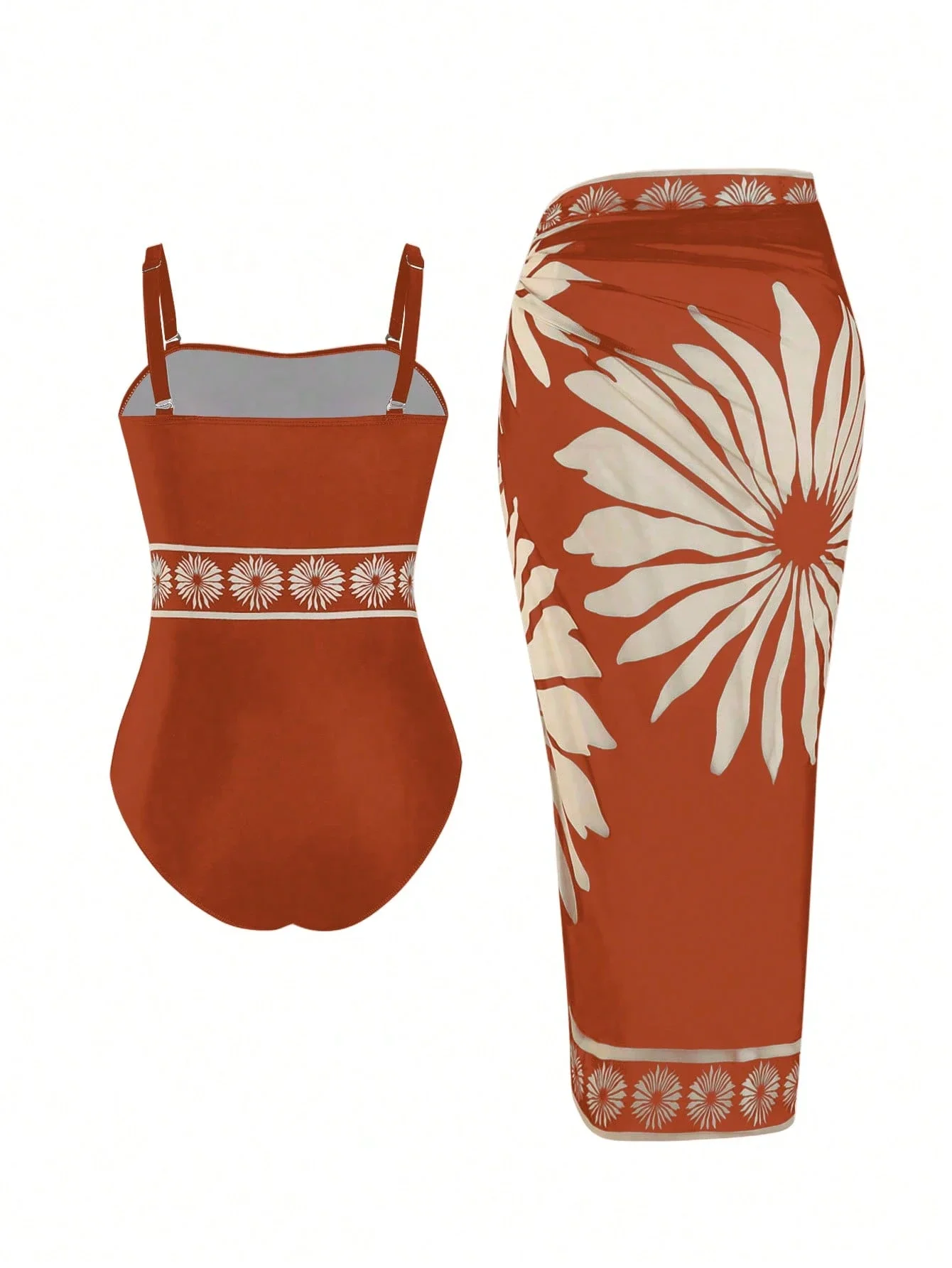 

Women 2 Piece Swimsuit Set With Adjustable Straps And Floral Print Skirt