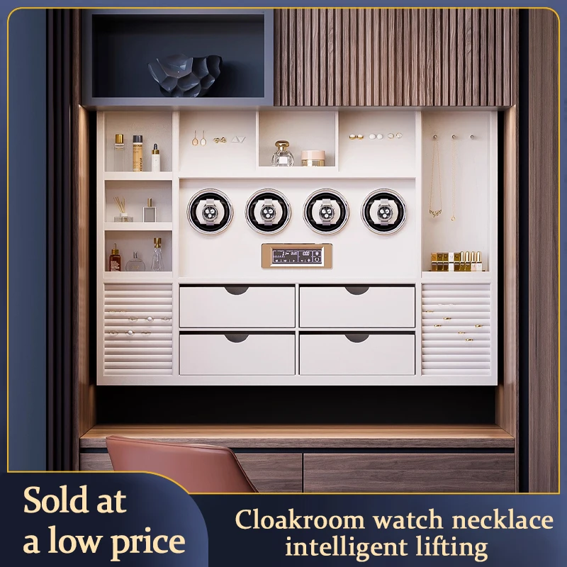 High End Smart Voice Control Electric Lift Jewelry Box Watch Winder Wall Cabinet Vanity Mirror Pull Out Drawer Leather Storage