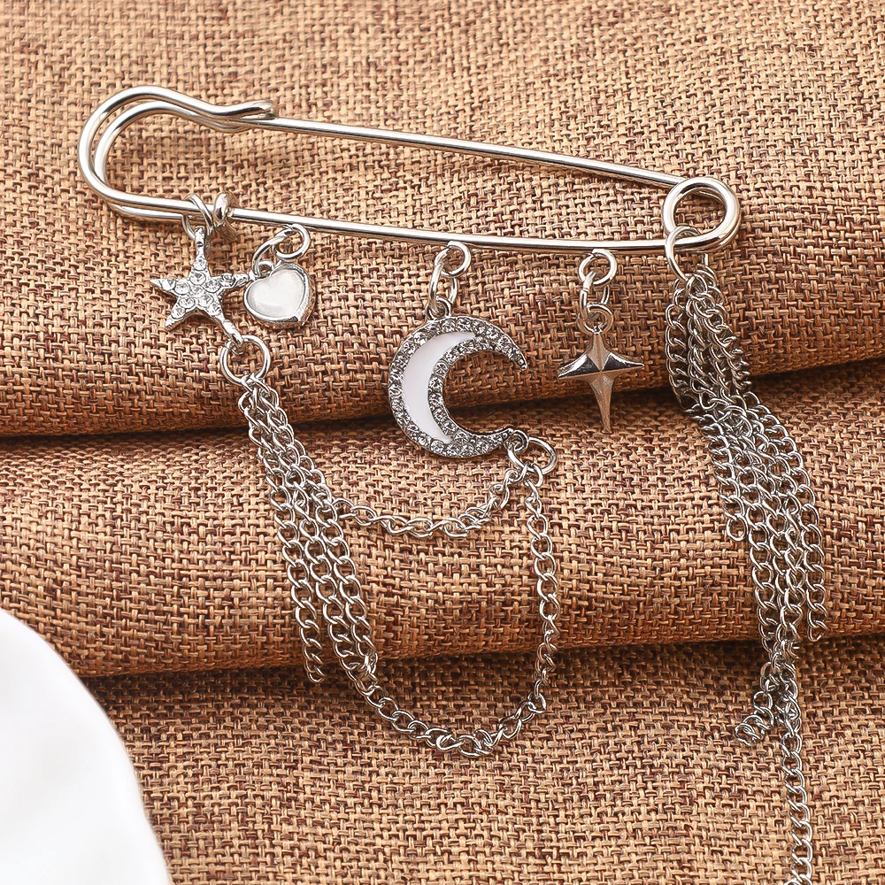 Safe-Pin Pattern Brooch Jewelry Cute Love Heart Four-Pointed Star Crescent Rhinestone Inlaid Chains Strings Corsage Pins Accesso