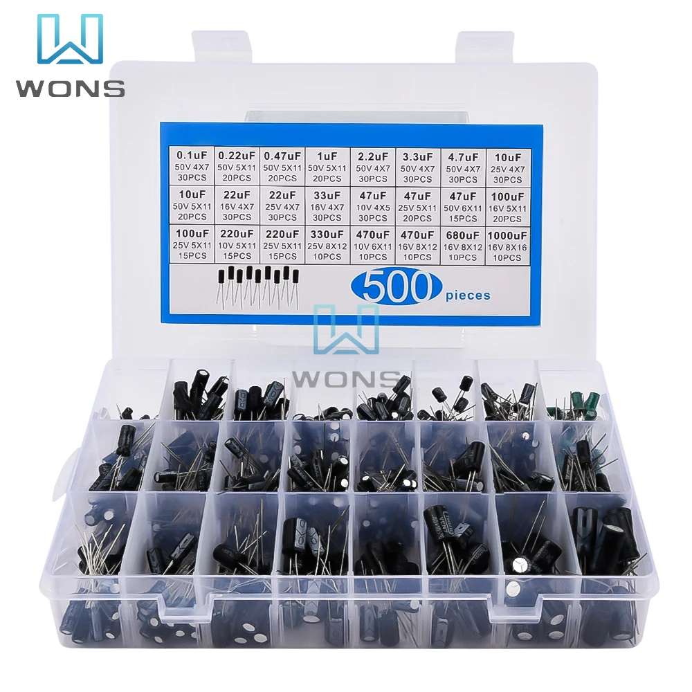 500PCS/lot 0.1UF-1000UF 24Values Aluminum 16-50V Mix Electrolytic Capacitor Assorted Kit And Storage Box 100PCS Capacitance