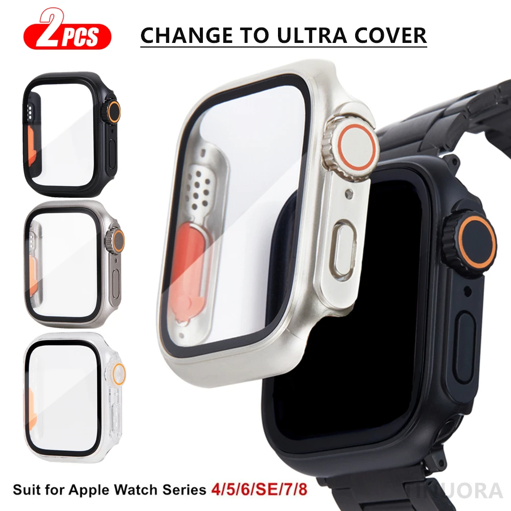 Glass+Case for Apple Watch Series 8 7 45mm 41mm Case Change to Ultra for IWatch 4 5 6 SE 44mm 40mm Screen Protector Cover Bumper