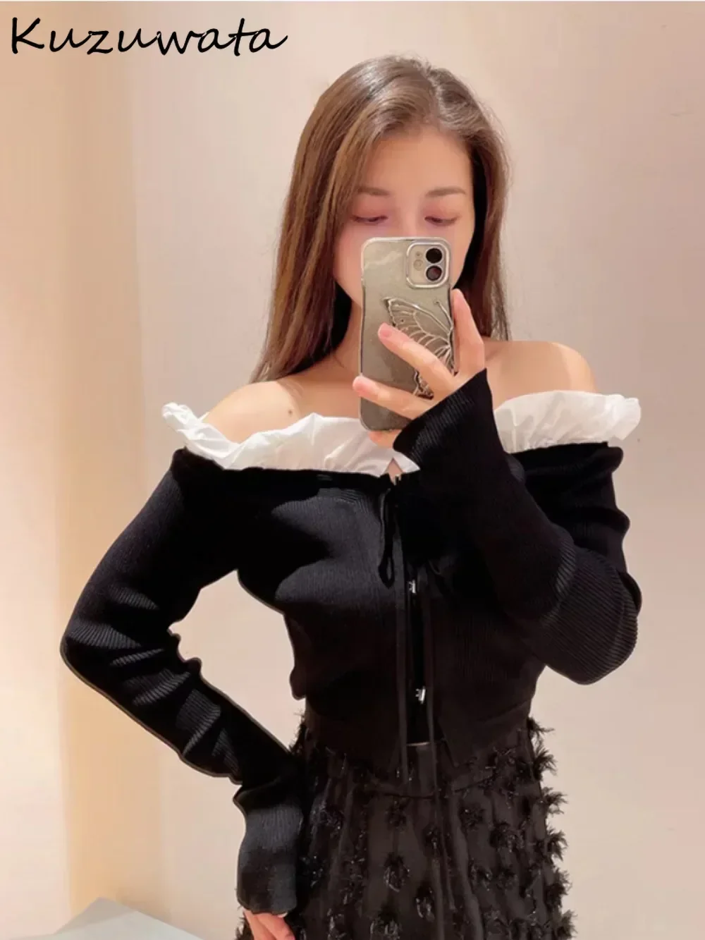 Kuzuwata Casual Slim Slash Neck Flare Sleeve Jumper Ruffles Off Shoulder Lace Up All-match Cardigan Japan Knit New Straps Tops