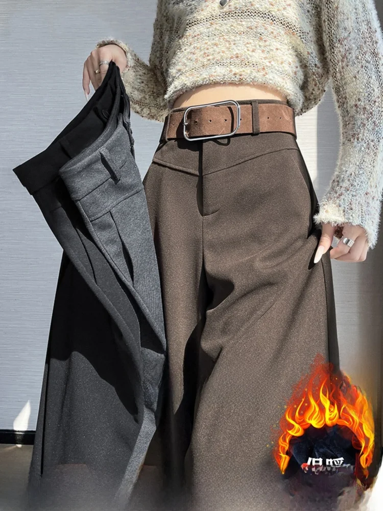 コーヒー色の裏地付きワイドレッグスーツパンツ レディース ハイウエスト ドレープ フロア丈パンツ 通勤 スタイリッシュ 無地