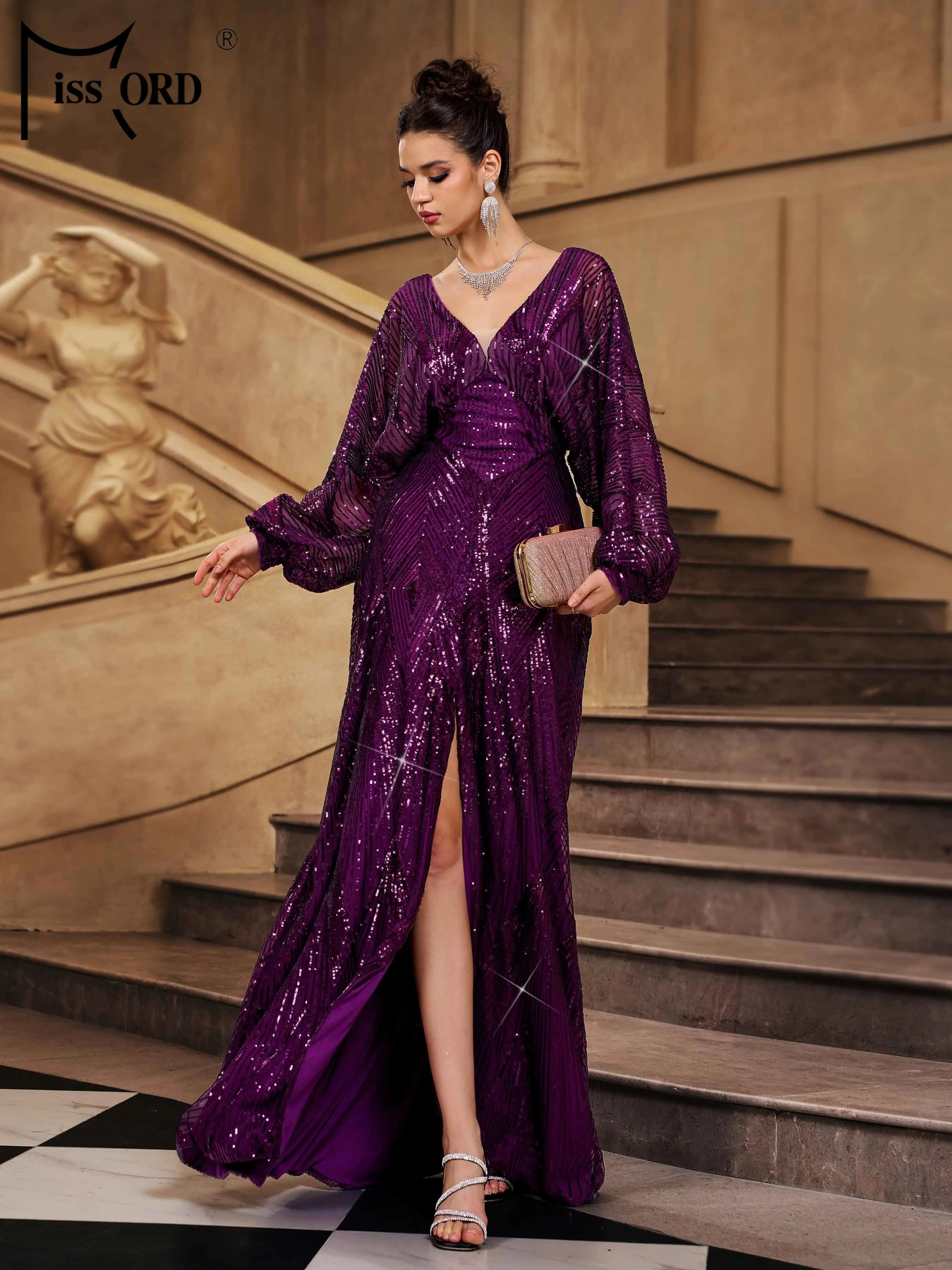 

Missord Purple V Neck Lantern Sleeve Split Evening Gown Wedding Birthday Party Formal Occasion High Quality Luxury Maxi Dress
