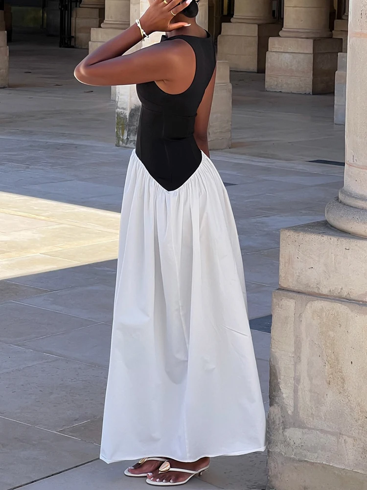 Vestido de fiesta drapeado sin mangas informal para mujer, vestido sin mangas de retazos con colores contrastantes, vestido largo con cuello redondo y cintura alta a la moda