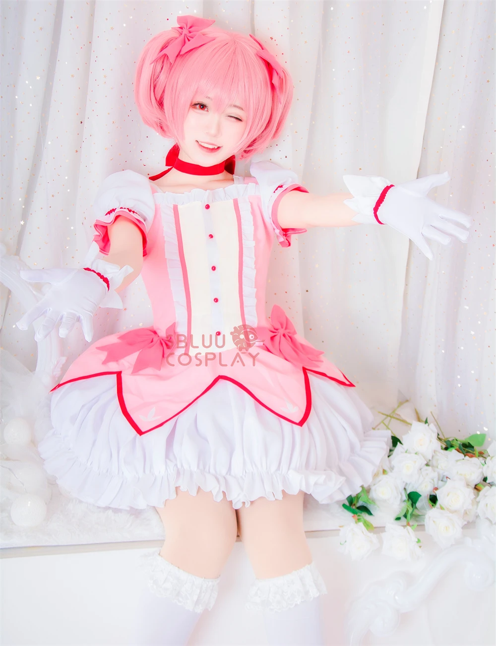 SBluuCosplay 마술사 카나메 마도카 코스프레 코스튬 원피스, 목걸이 할로윈 코스튬 복장 