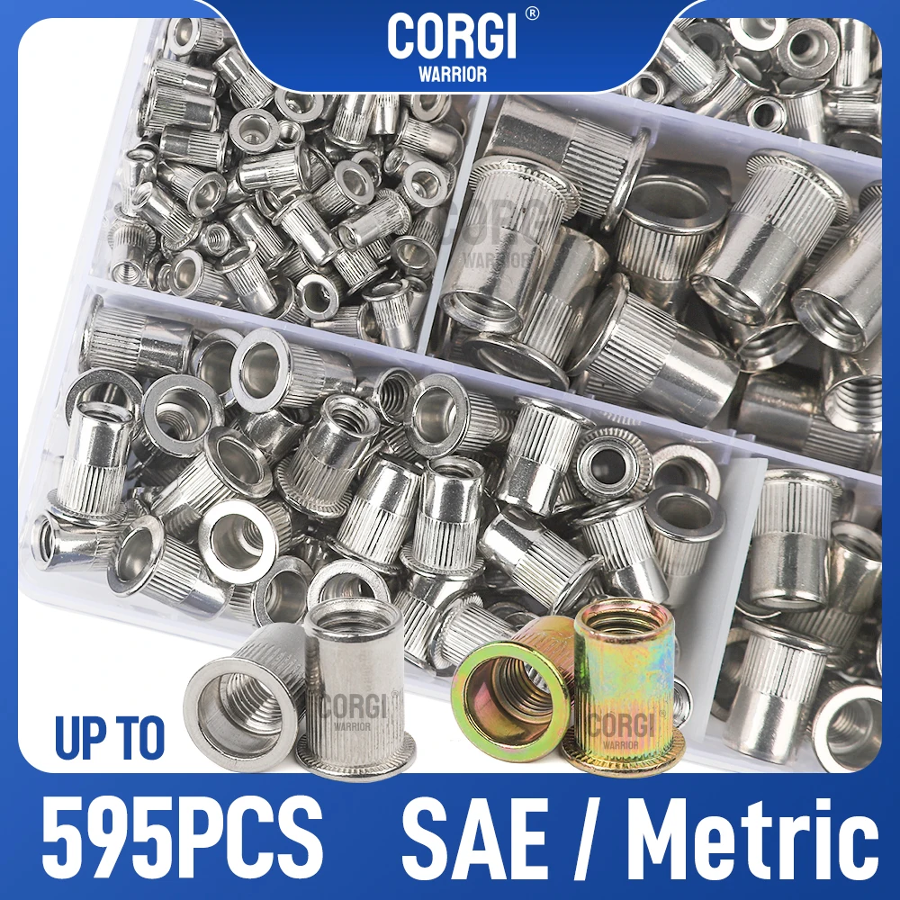 SAE/Metric UNC Rivet Nuts Assortment Kit up to 595 M3 M4 M5 M6 M8 M10 M12 6-32 8-32 10-24 1/4 -20 5/16 -18 3/8 -16 Flat Rivnuts