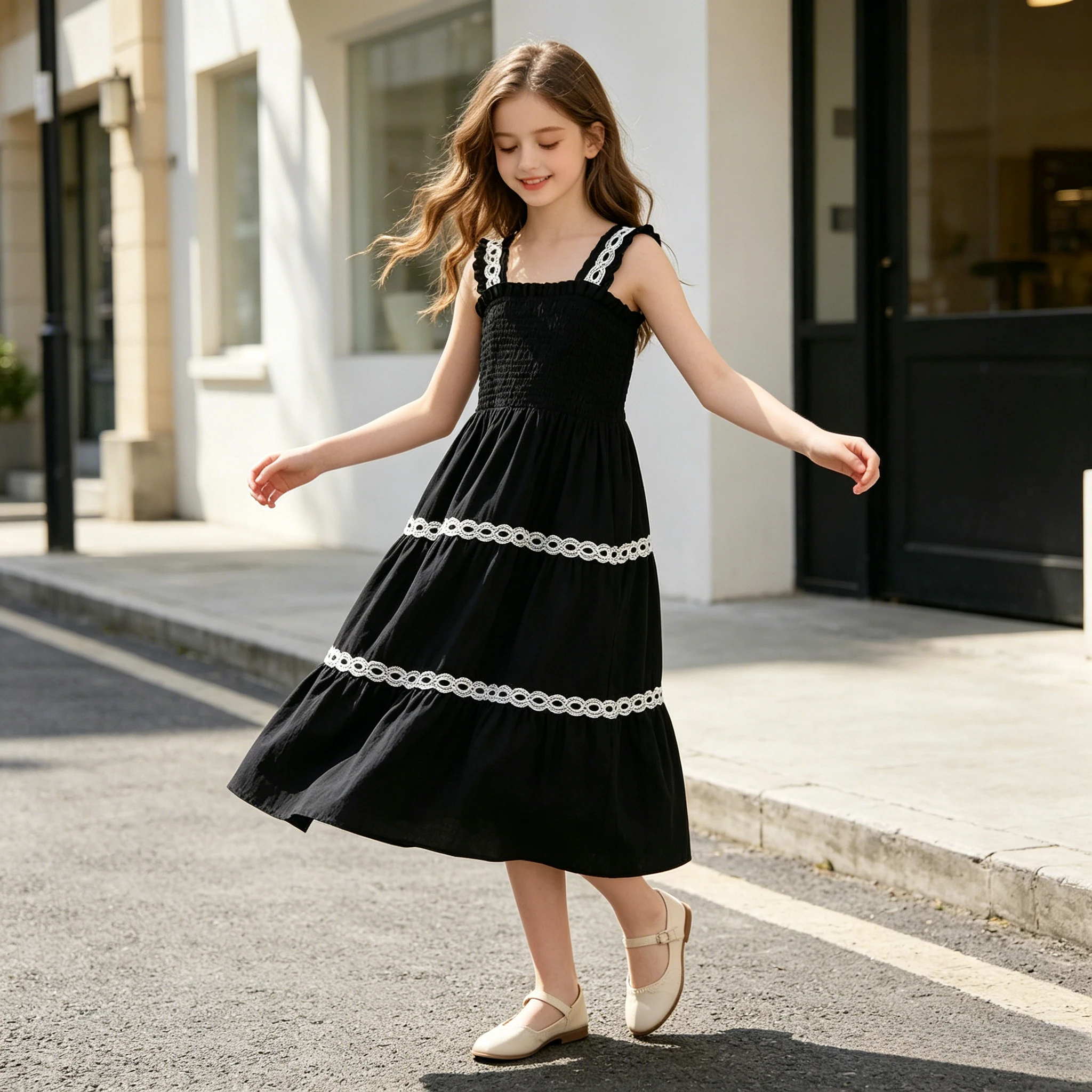 Girls Spaghetti Strap Smocked Tiered Midi Dress Hollow Lace Trim Sleeveless Casual Daily Summer Beach Vacation Kids Sundress