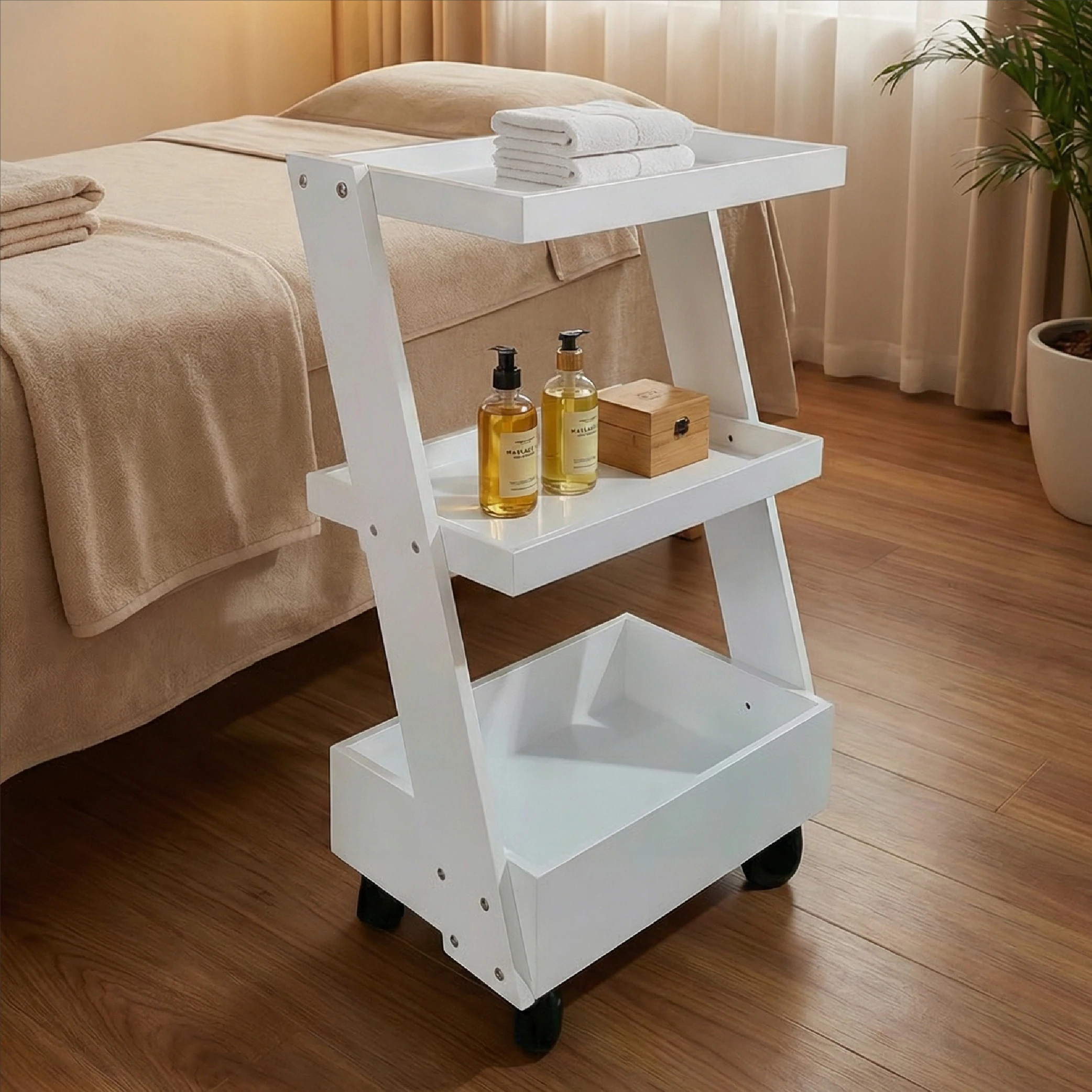 Nail Beauty Salon Spa Trolley 3-Tier White Wood Mobile Beauty Cart with Drawer Wheels Contemporary Design