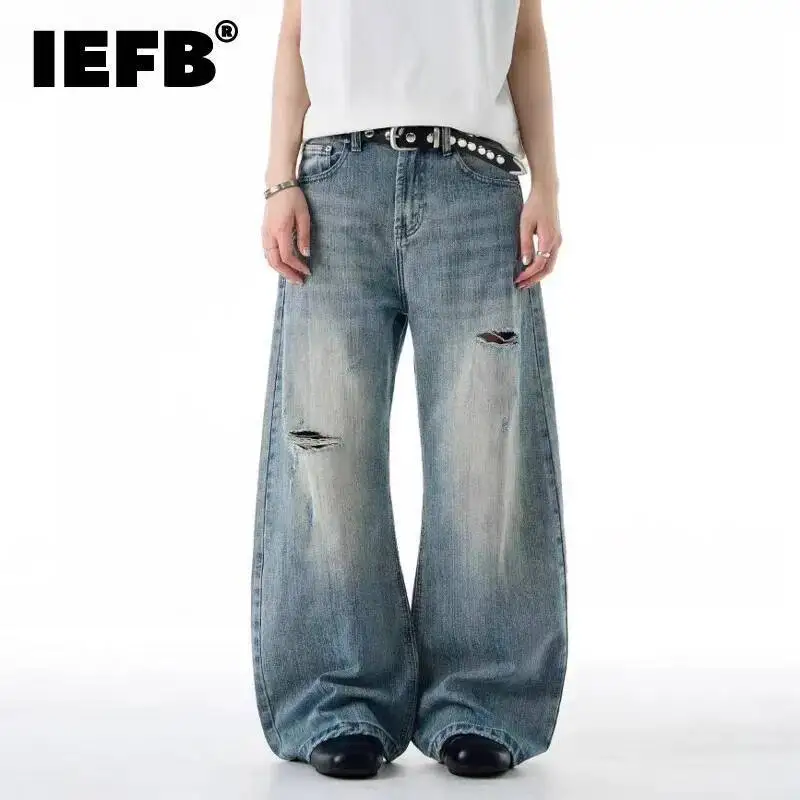 IEFB American Style Men's Denim Pants Washing Worn-out Holes Design Vintage Curved Knife Jeans Wide Leg Male Trousers New 9W3501