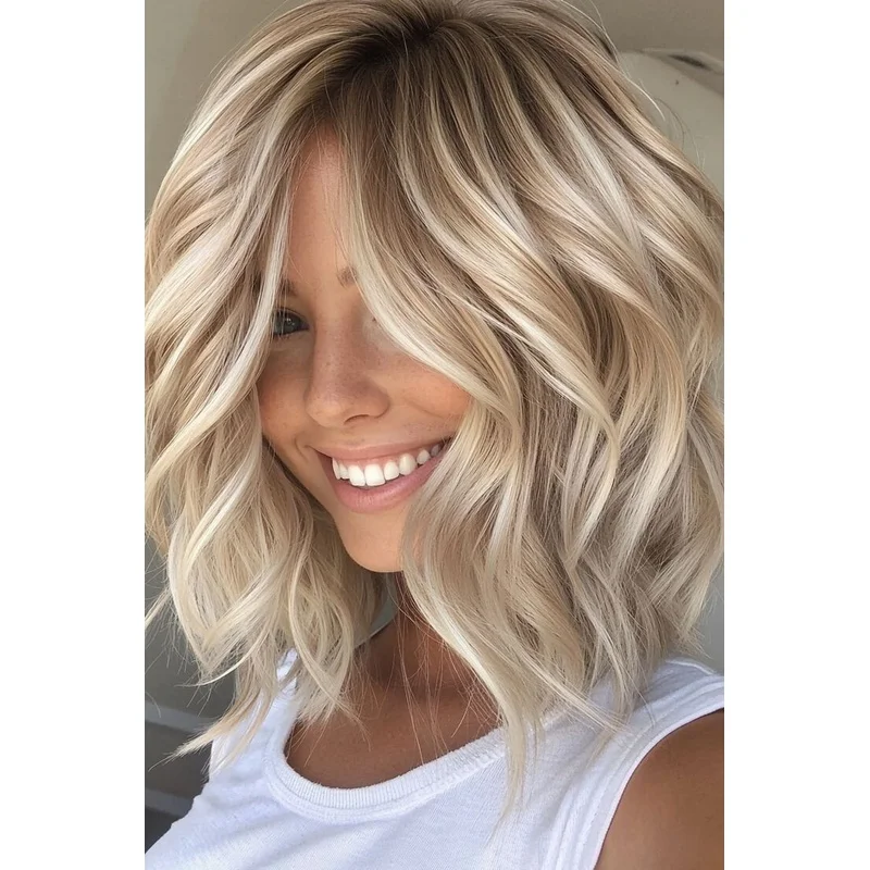 Human Hair Balayage Platinum Beige Blonde Short Wave Lace Front Wigs