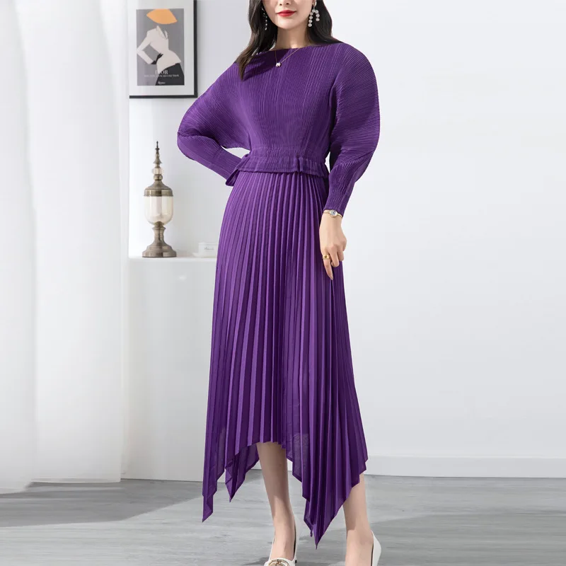 여자 드레스 Miyake Pleated 패션 하이 스트리트 솔리드 느슨한 대형 슬래시 목 여름 Batwing 슬리브 Mid-Calf Dresses Tdie