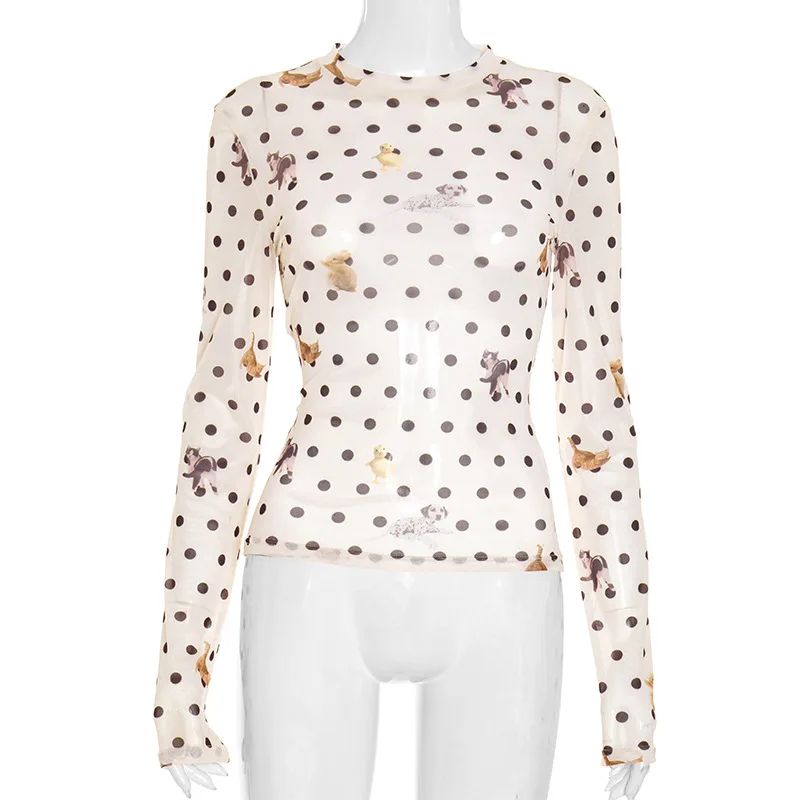 동물 무늬 프린트 가을 겨울 여성 티셔츠 캐주얼 긴팔 풀오버 셔츠 Y2K 스트리트웨어 O넥 크롭 티 탑 신상품