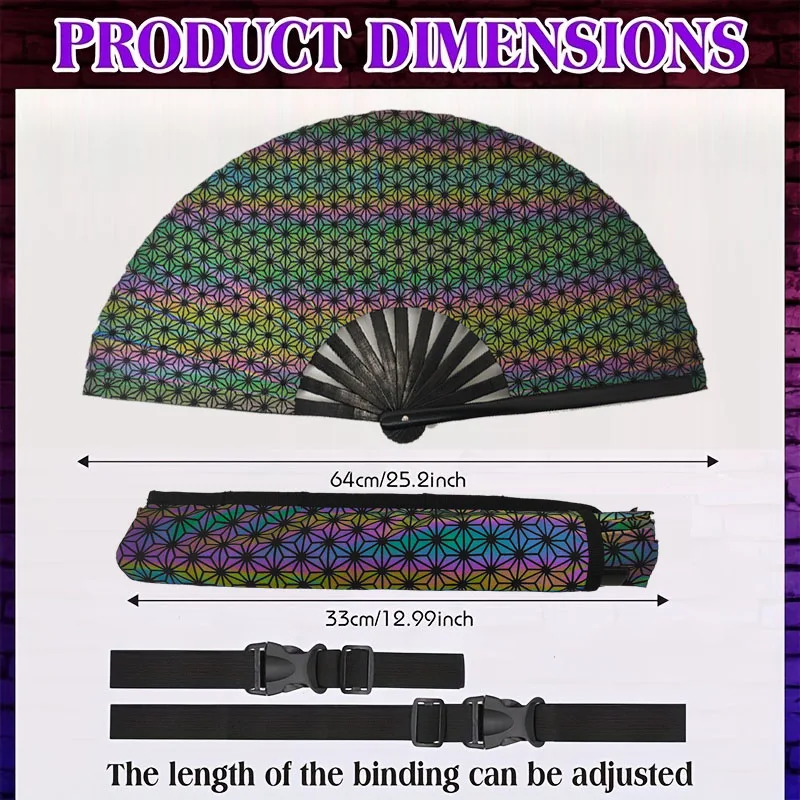 Edgy Spider Print Sparkling Glitter Rave Folding Fan - Large Laser Rainbow Handheld Fan with Holster for Statement-Making Festiv view 3