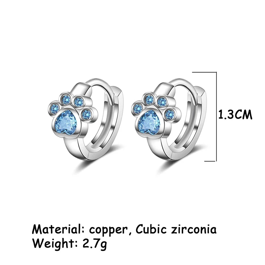 Silver Color Cat Paw Hoop Earrings Light Blue Heart Shape Round Crystal Stone Cute Girls Earrings Blue Zircon Party Hoops