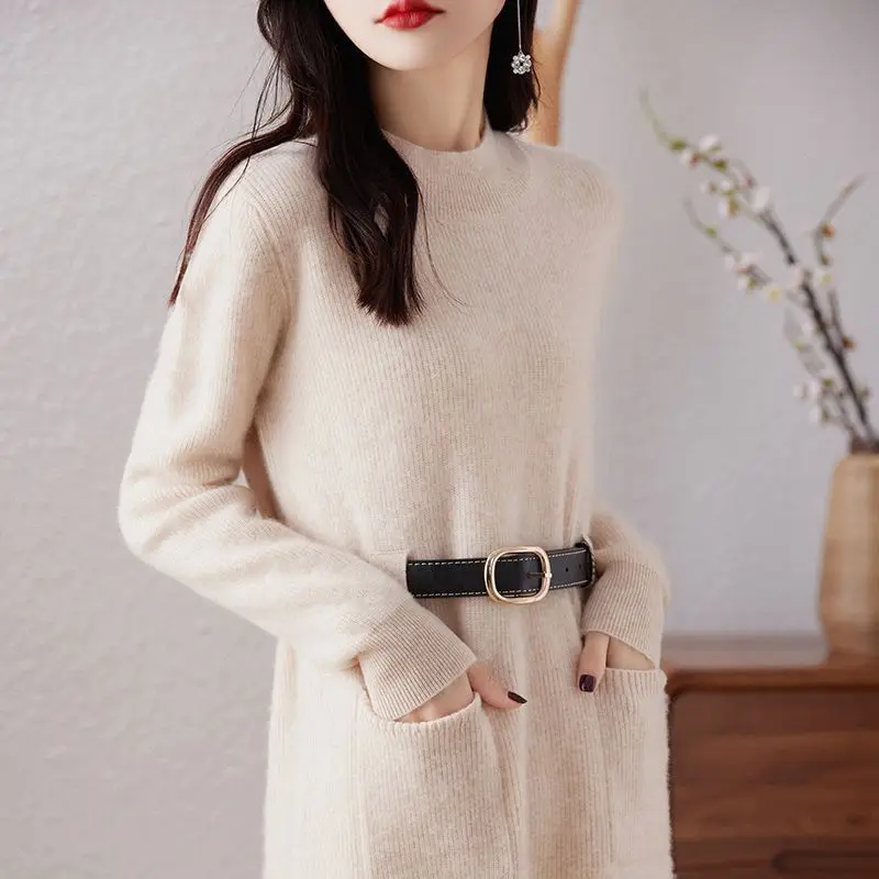 

Autumn Winter New Fashion Elegant Half High Neck Pullover Long Sleeve Knitted Casual Versatile Commuting Clothing Women Dresses