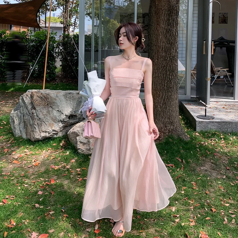 

2025 New French Beach Vacation Style Pink Mori Fairy - like Suspender Skirt for Women in Summer