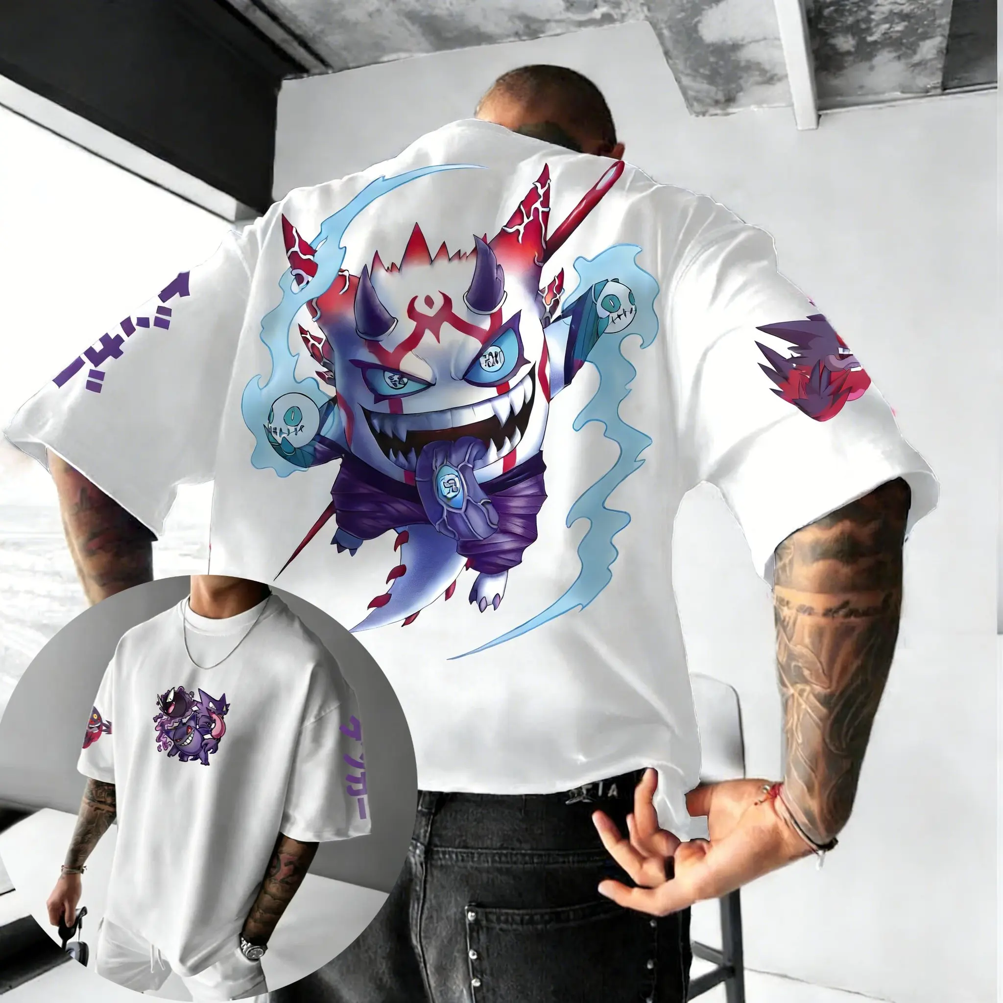 

2026 Summer Pokémon Anime Gengar Printed T-shirt Men's Women's Short Sleeved Tee Tops Sports Oversized Parent-child Clothing