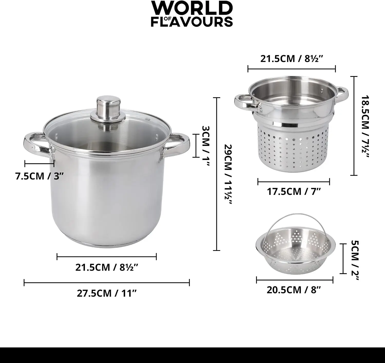 World of Flavours Pasta Pot with Strainer and Vegetable Steamer Basket in Gift Box, Induction Safe, Stainless Steel, 4 Litres, S