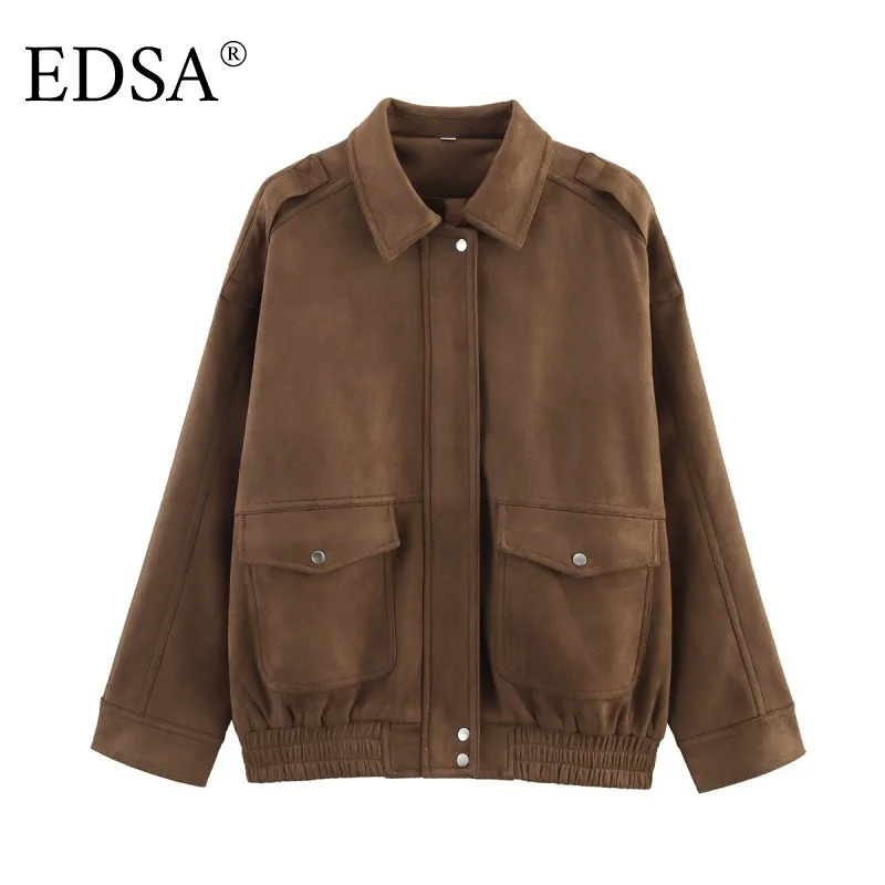 سترة نسائية من جلد الغزال من EDSA مع جيوب بغطاء قلاب وأكمام طويلة وسحاب جانبي ملابس خارجية للخريف للسيدات في الشارع