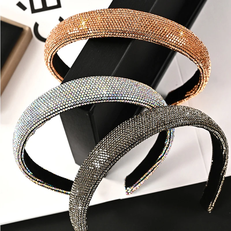 Retro Baroque Head Hoop Summer Headdress Shiny Full Rhinestone Sponge Headband Crystal Hairbands Hair Band Women Headwear