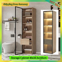 Comanlai Display Cabinet 40x34.5x165cm with 5 Open Compartments and Drawer,Storage Cabinet with Light Strip and Glass Door